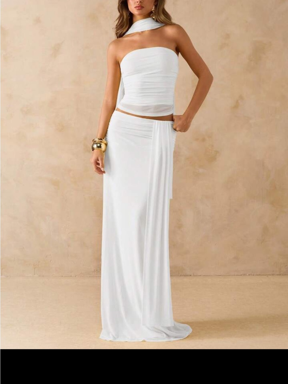 White Maxi Skirt Set with neck scarf